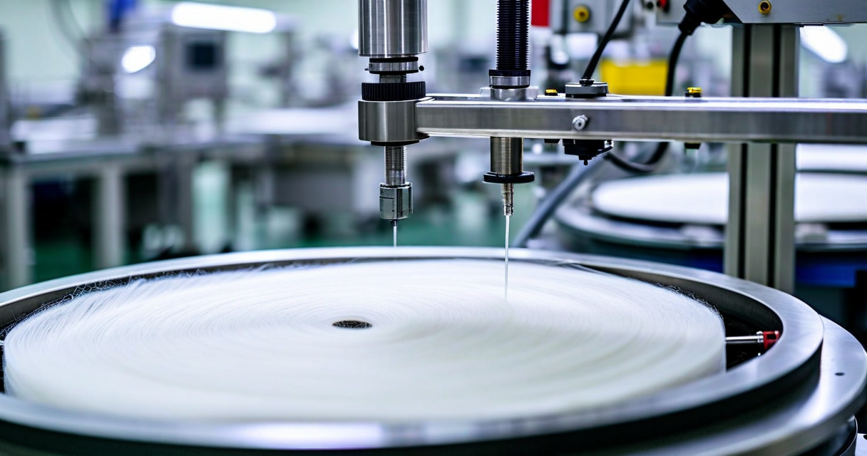 Electrospinning equipment running in production with nanofiber mat collecting on rotating drum