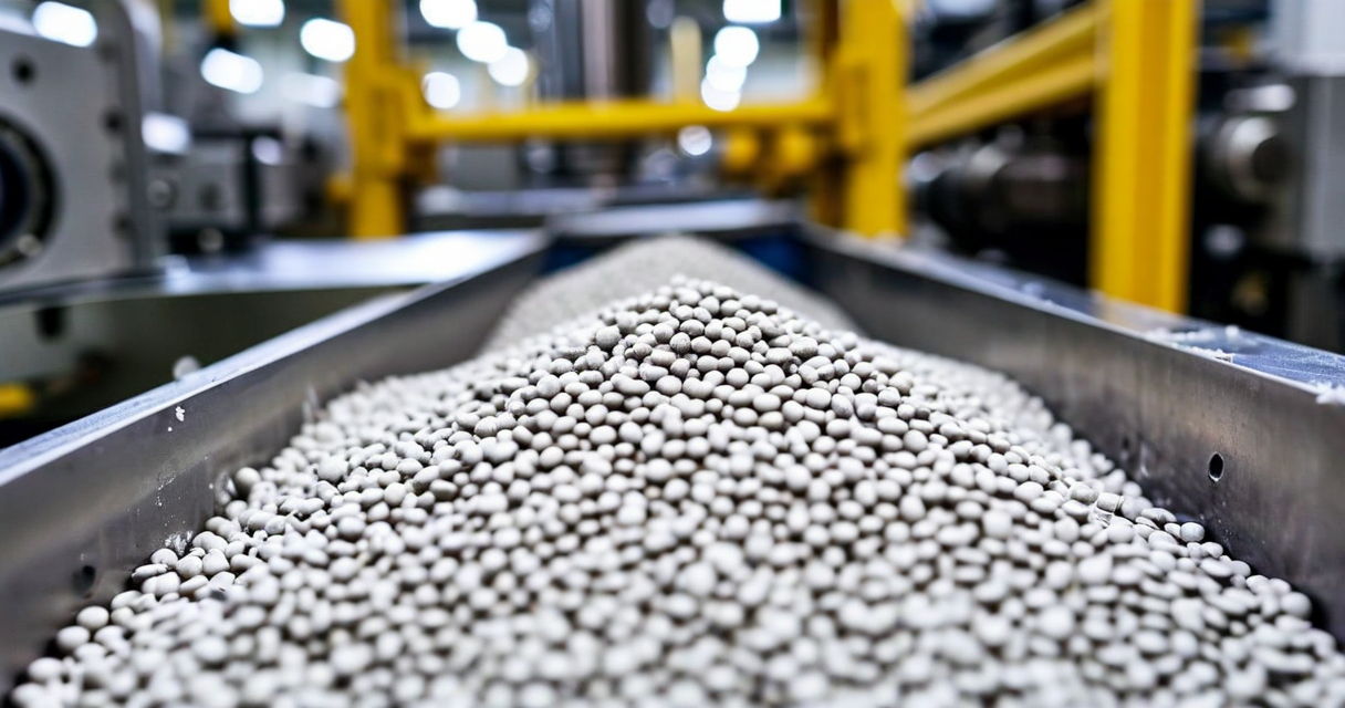 Injection molding machine with nanofiber composite pellets being loaded into the hopper