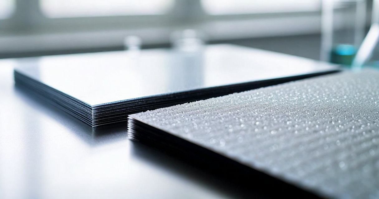 Close-up of nanocellulose composite sheet on a lab bench next to a glass fiber sample panel