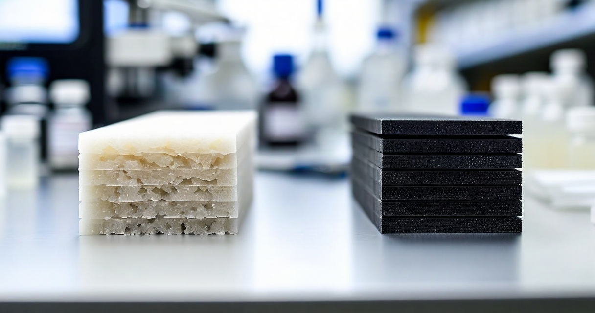 Side-by-side test bars of nanocellulose composite and carbon fiber composite on a testing bench