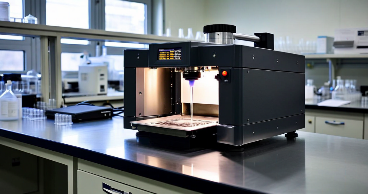 TGA instrument with sample pan loaded and temperature control display showing ramp parameters