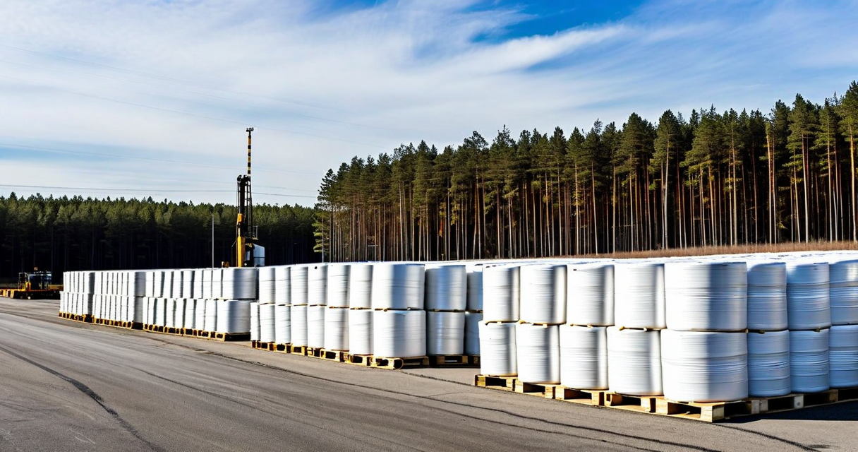 Wood pulp bales stacked at a processing facility dock with pine forest in background